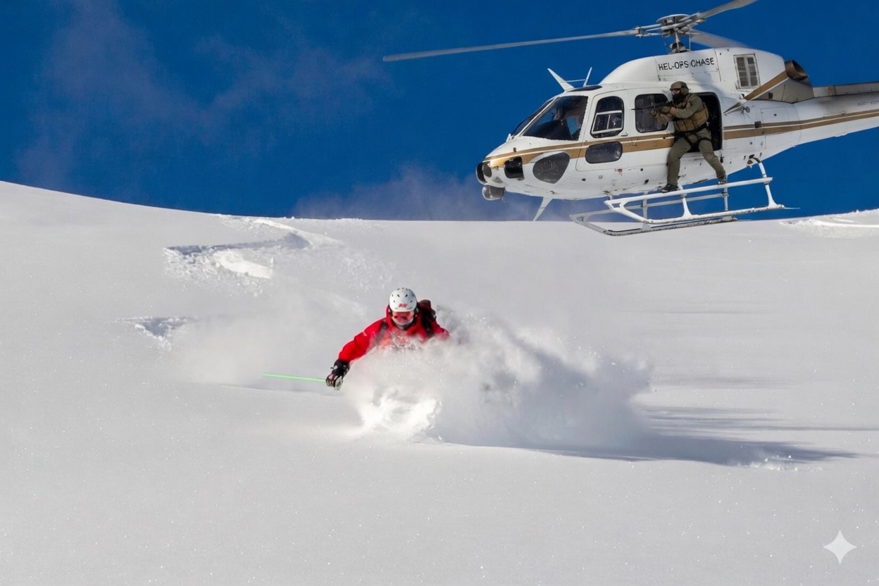 A skier carving through deep powder while a hunter leans from a helicopter above